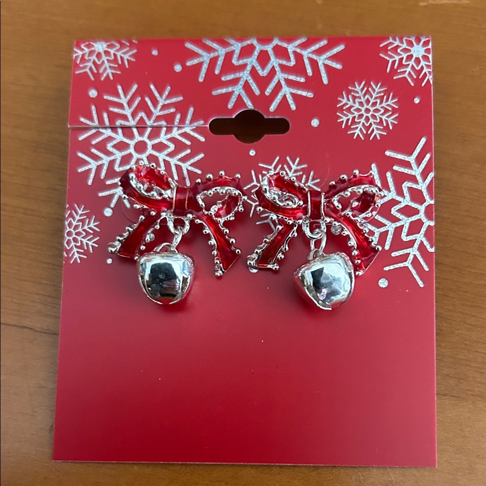 Festive Red Bow Earrings with Silver Bells